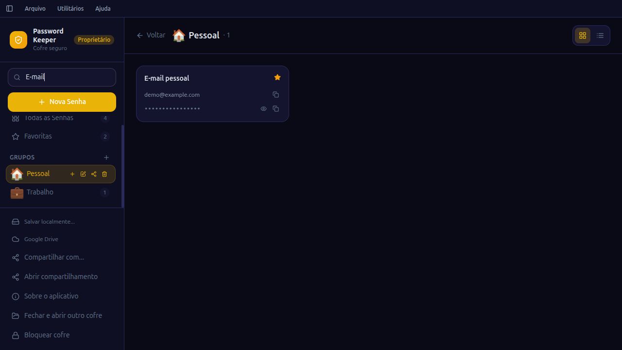 Busca por E-mail na interface real do Password Keeper, com uma conta fictícia encontrada