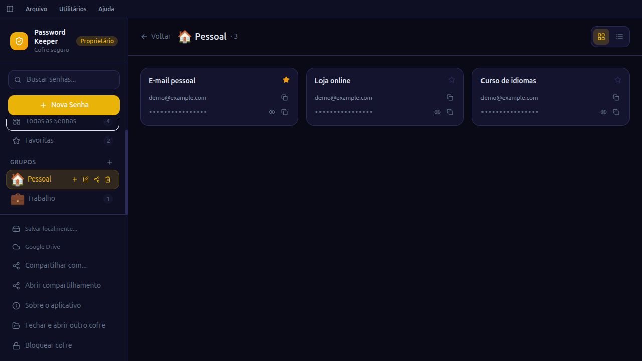 Interface real do Password Keeper com o grupo Pessoal e três contas fictícias